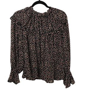 Who What Wear Black Pink Dots Ruffle Crewneck Long Sleeve Blouse M